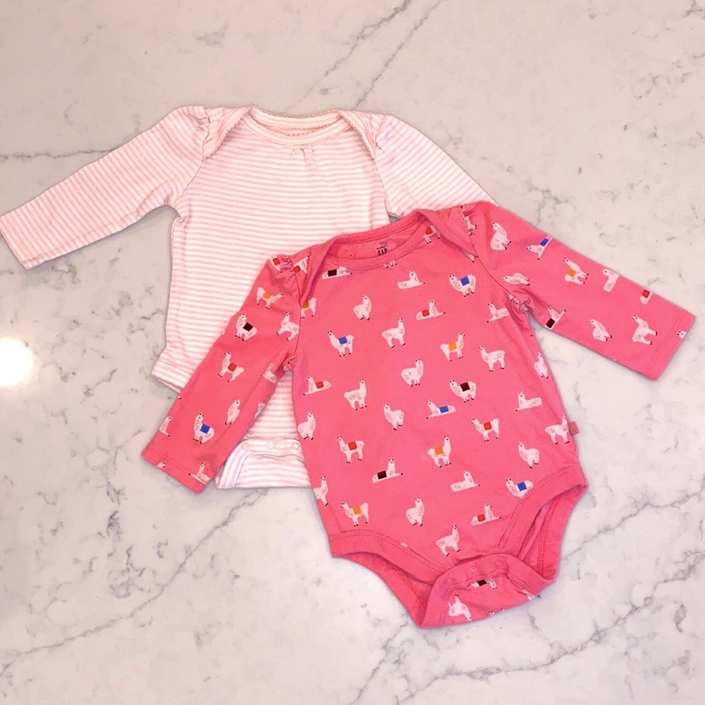 TWO 2 Gap Baby Girl’s Long Sleeve Pink Bodysuits- stripes llamas (6-12m)